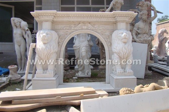 Carved fireplace and fireplace surrounds,Fireplace with lion carved,C4561